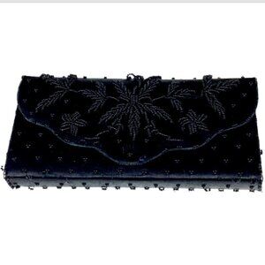 Vintage Black Beaded Clutch Purse Scalloped Edge Front Flap 248H